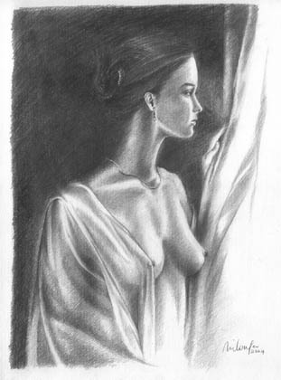 nude at the window - pencil drawing
