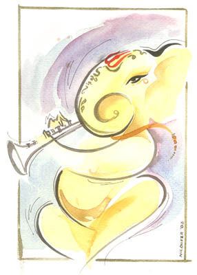 Musical Ganesha - watercolor on paper